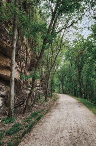 scenic view of Katy Trail with high, rocky bluffs on the left, green trees and grass by Katy Trail